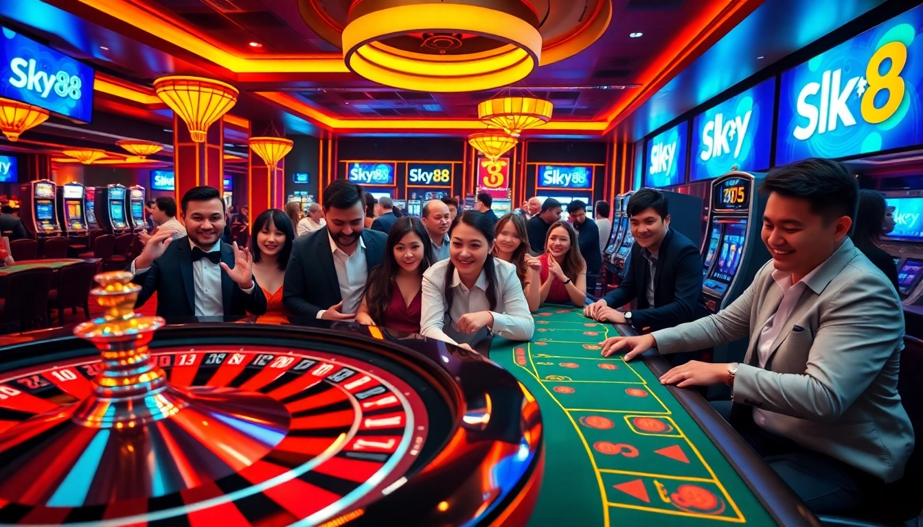 Sky88 players enjoying an engaging experience at vibrant casino tables, featuring roulette and poker.