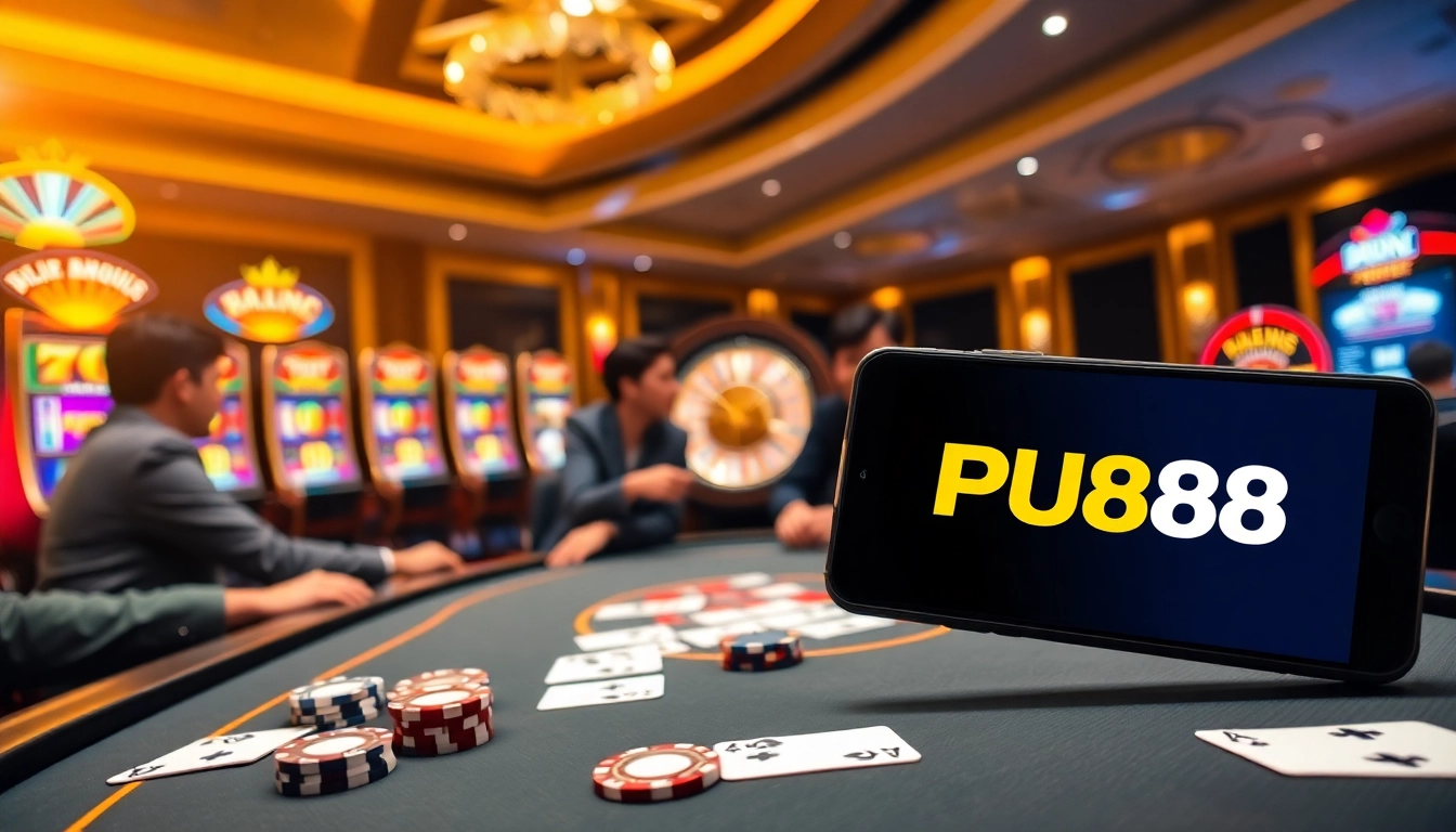 Players enjoying a high-stakes poker game at PU88 casino, showcasing luxury and excitement.