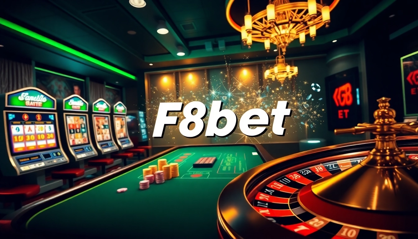 Experience the thrill of Đăng Ký F8bet with vibrant casino elements like chips and slot machines.