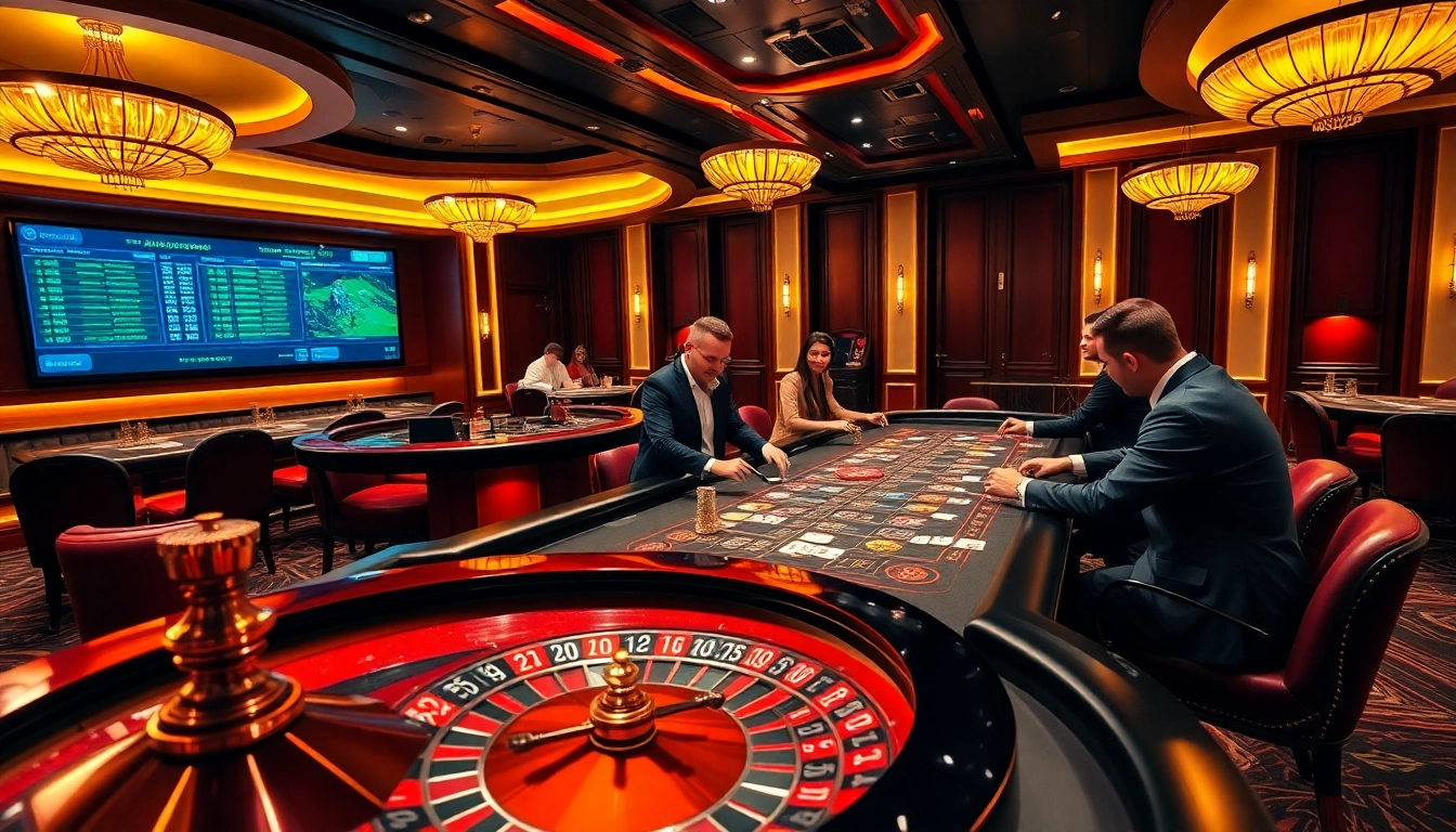 Players engaging in high-stakes games at ta88c casino with vibrant tables and luxury ambiance.