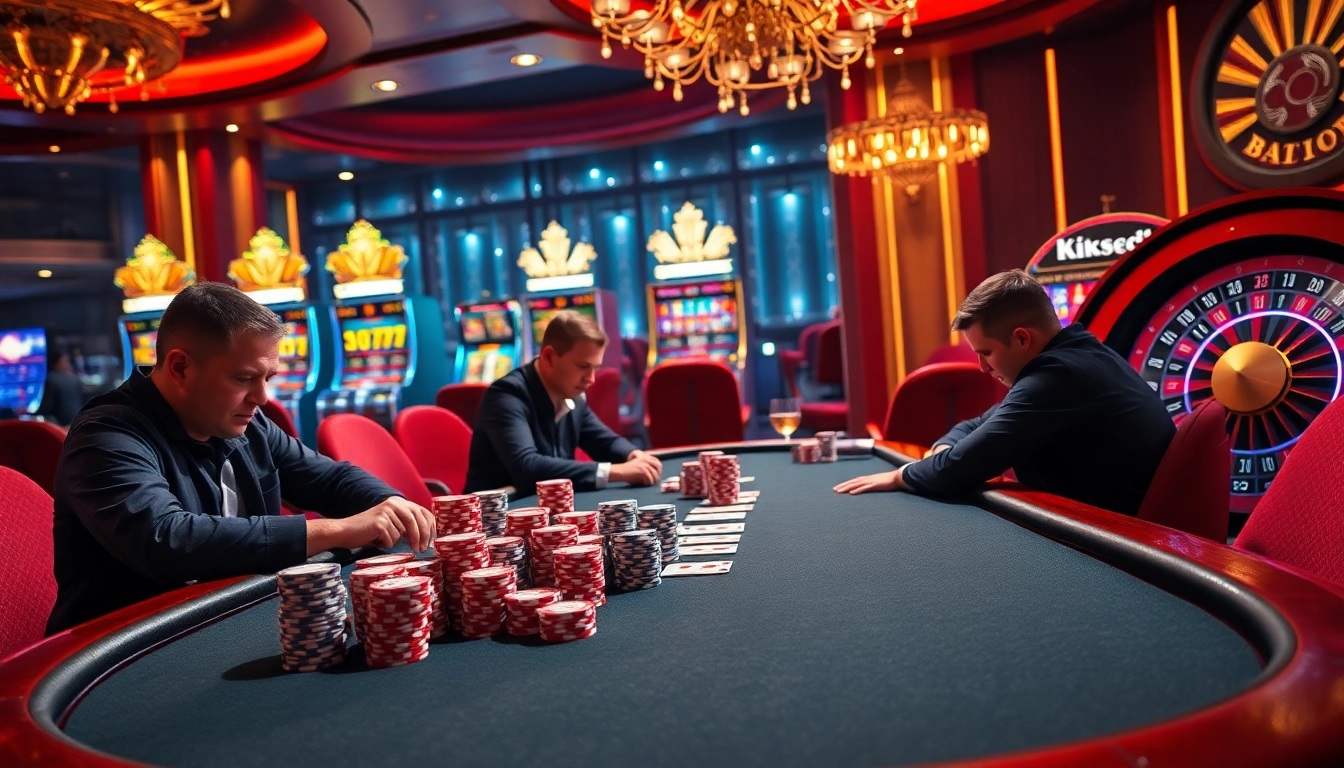 king88 players engaging in high-stakes poker surrounded by vibrant slot machines and roulette