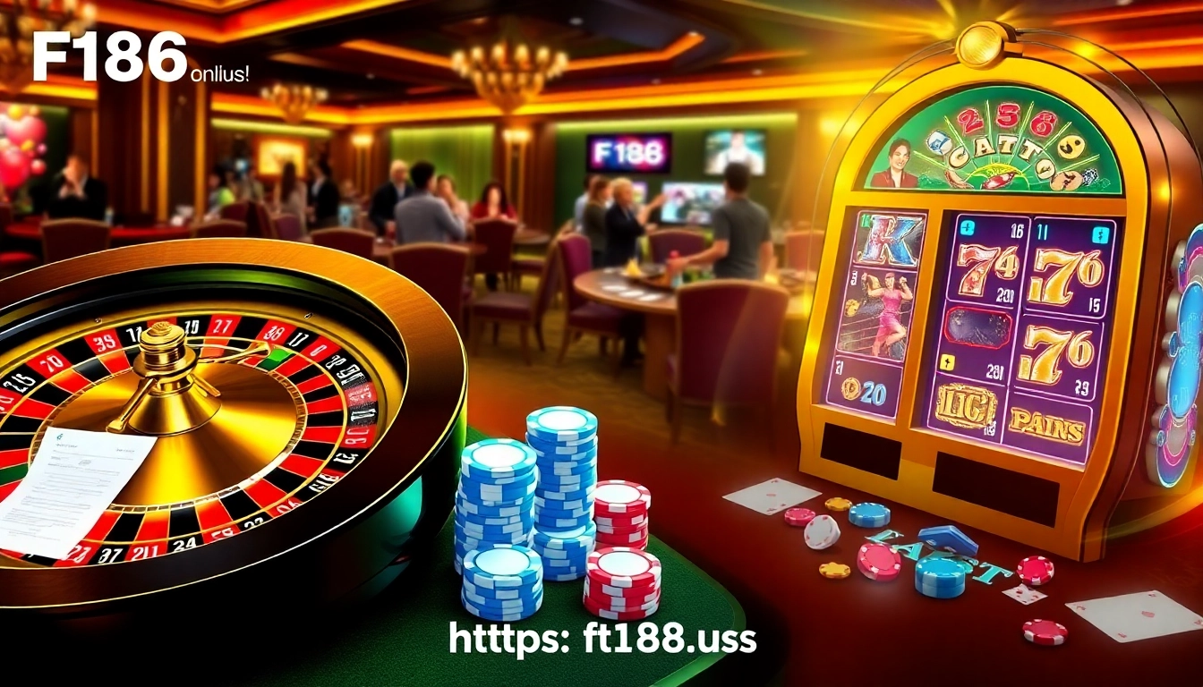 Experience thrilling online gambling at https://f168.us/ with poker chips and a vibrant roulette table.