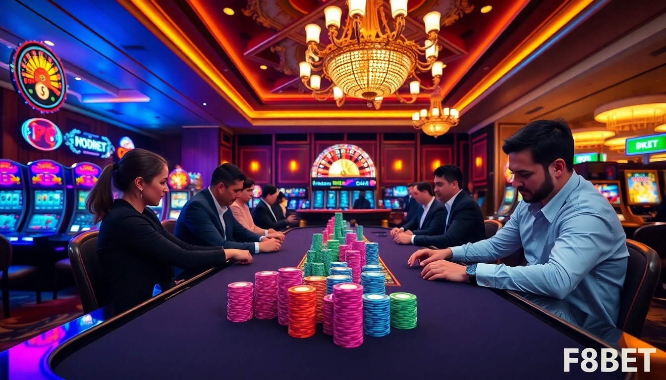 F8BET players strategizing at a luxury casino table, with vibrant chips and focused expressions.