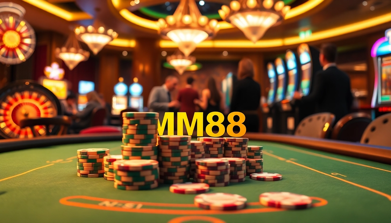 Experience thrilling games at MM88 casino with elegant tables and vibrant slot machines.