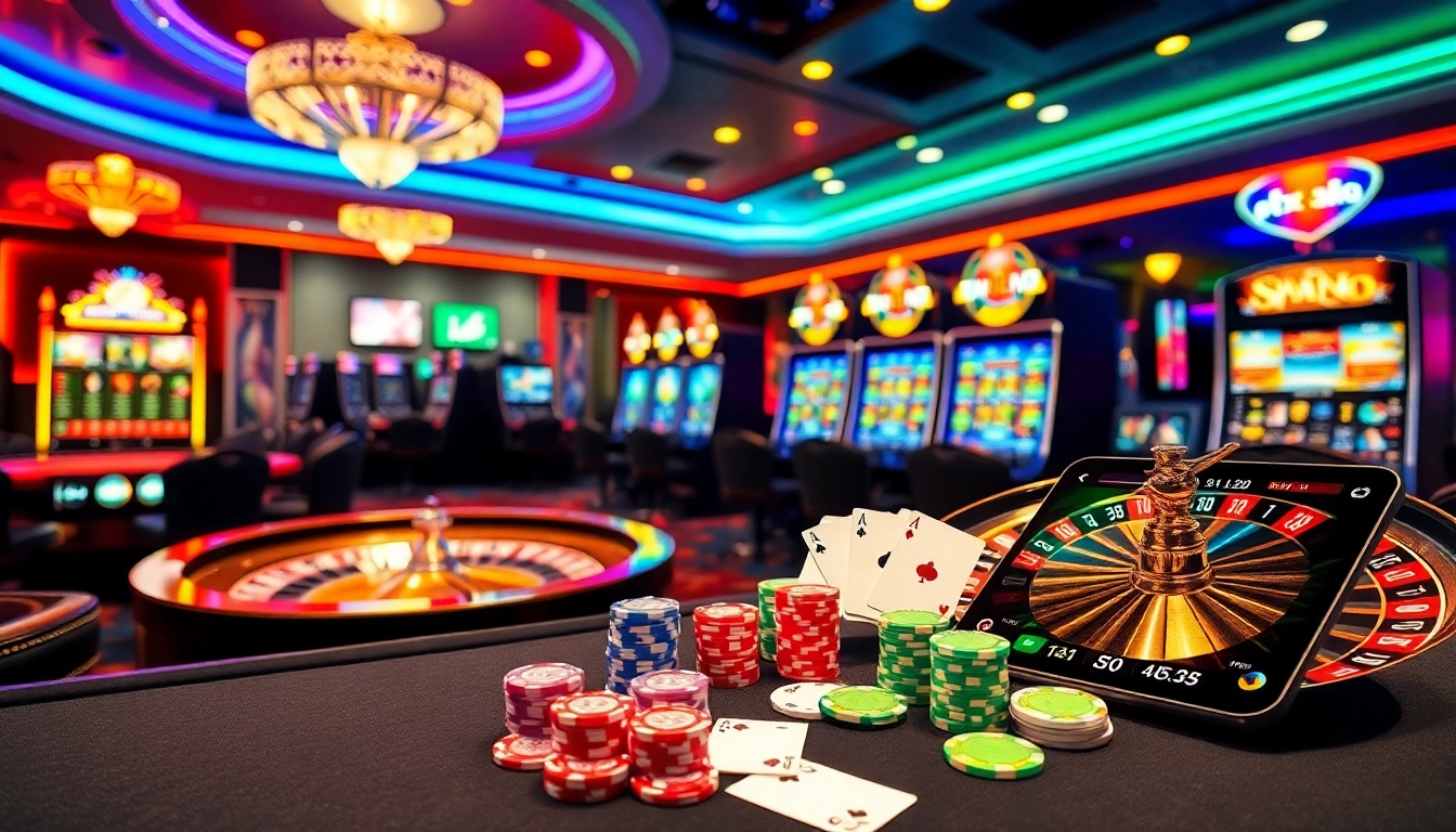 Experience the excitement of f168info.com with a lavish casino scene showcasing poker, roulette, and vibrant slot machines.