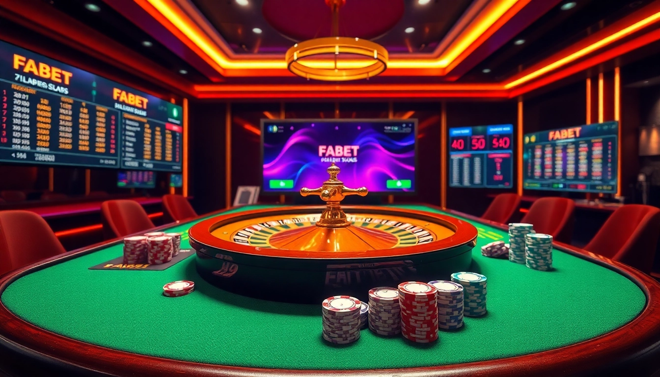 Experience the excitement of FABET at a modern online casino table filled with vibrant poker chips and live betting displays.