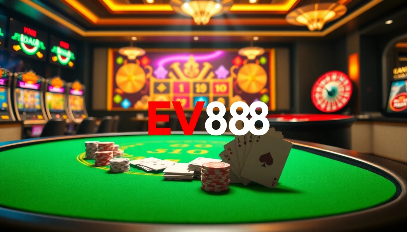 Experience the luxurious excitement of EV88 casino with poker tables, vibrant cards, and captivating gameplay.