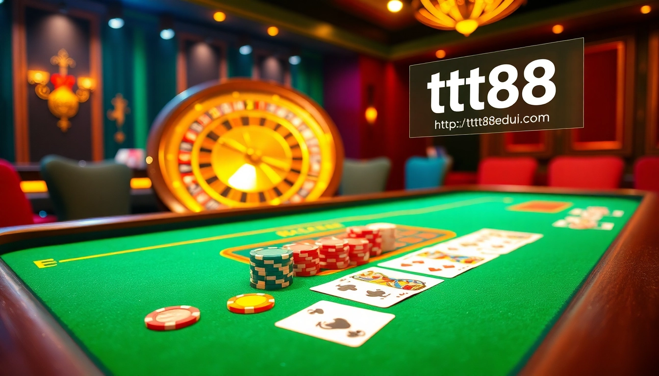 Engage in thrilling casino excitement at https://tt88edu.com/ showcasing an elegant poker table and roulette wheel.