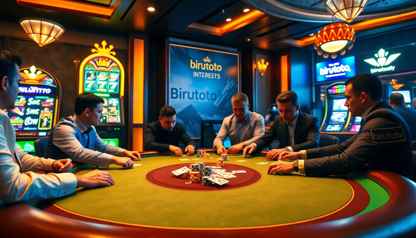 Birutoto players strategizing at a luxurious poker table in a vibrant casino atmosphere.