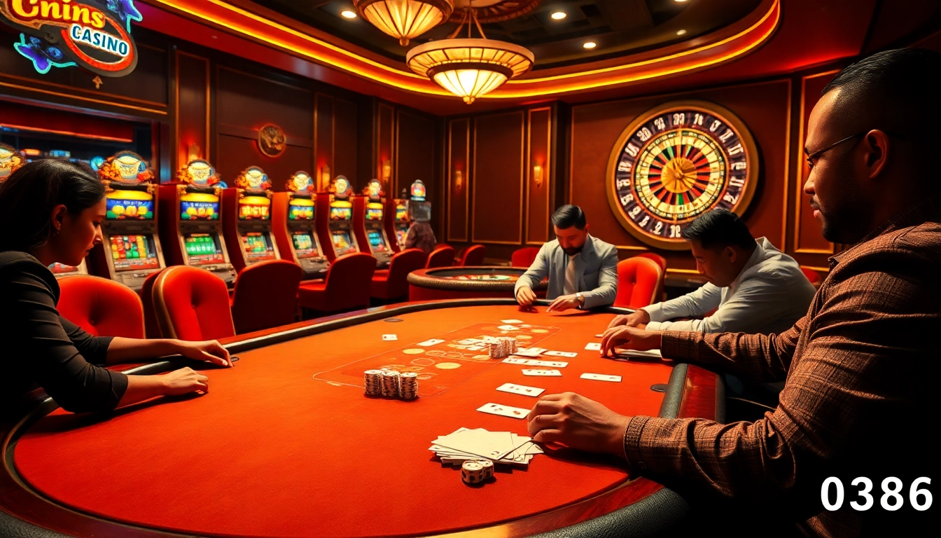 High-stakes poker action at OK8386 casino with vibrant roulette and slot machines.