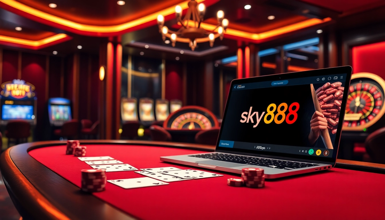 An exciting online casino experience with Sky88 bị sập theme, featuring poker and roulette tables, chips, and a digital interface.