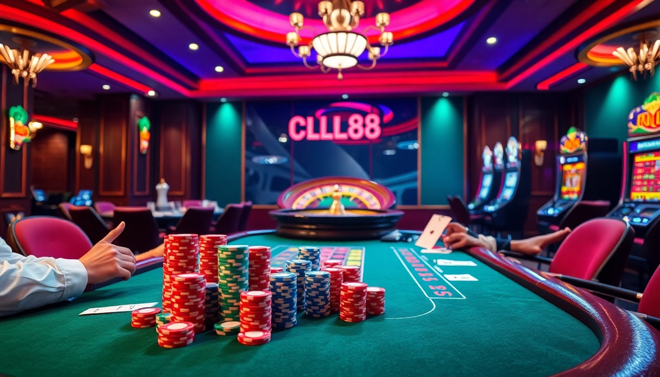 Players betting with chips at a luxurious casino table, showcasing Hello88 excitement.