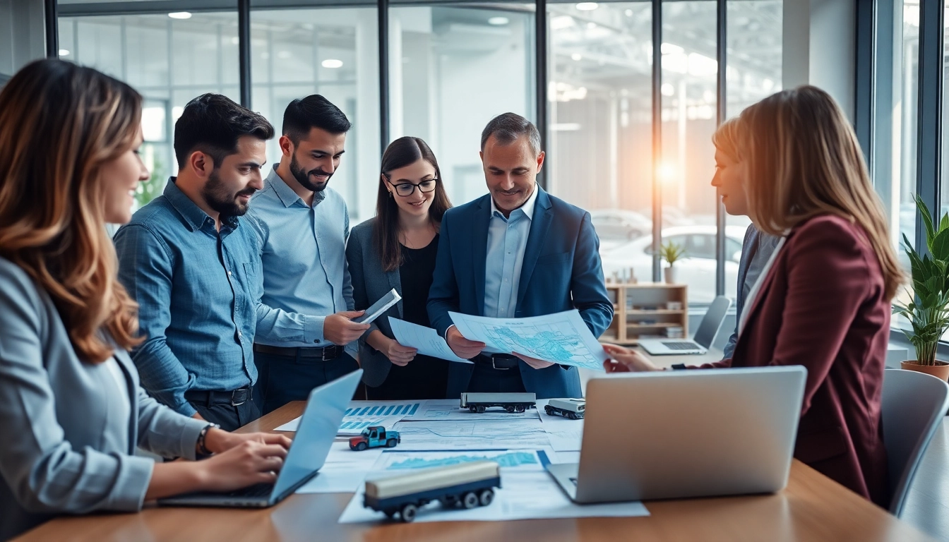 Księgowość dla firmy transportowej przedstawiona na nowoczesnej scenie biurowej, na której profesjonaliści omawiają strategie finansowe.