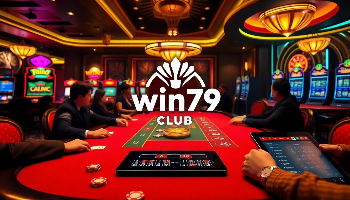 Players strategizing at the win79 club poker table amidst luxurious casino decor.