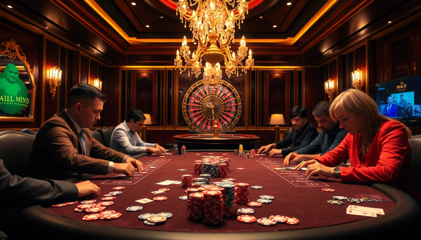Engaging poker table scene illustrating strategic nhận định kèo nhà cái amidst a vibrant casino atmosphere.