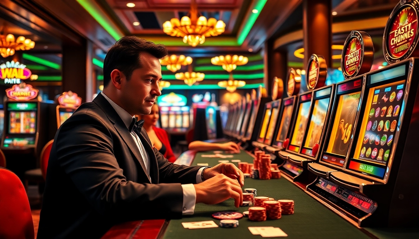 Experience the excitement of Slot Online with vibrant slot machines and a professional gambler playing at a luxury casino table.