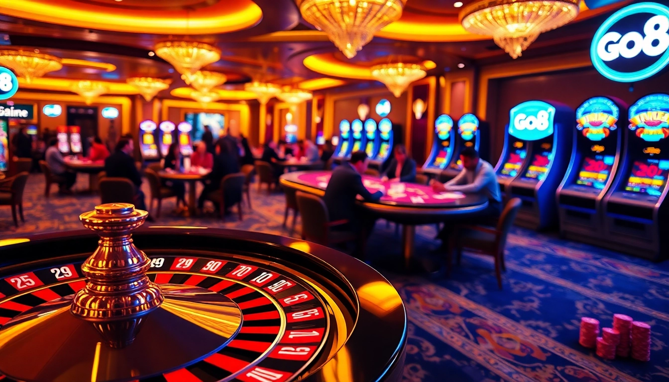 Experience the excitement of casino gambling with GO8-themed roulette and poker tables, showcasing vibrant gaming.