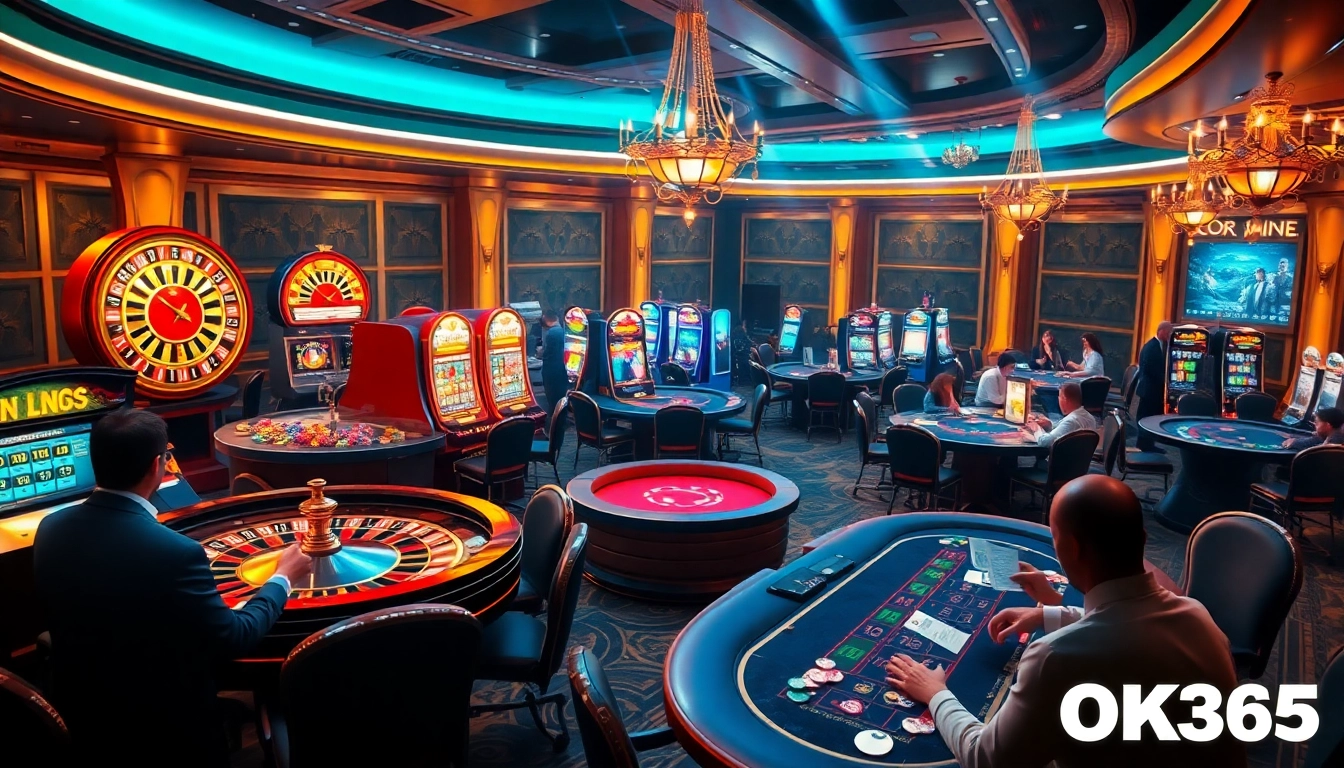 Experience the excitement of gambling at OK365 with vibrant tables and illuminated gaming machines.