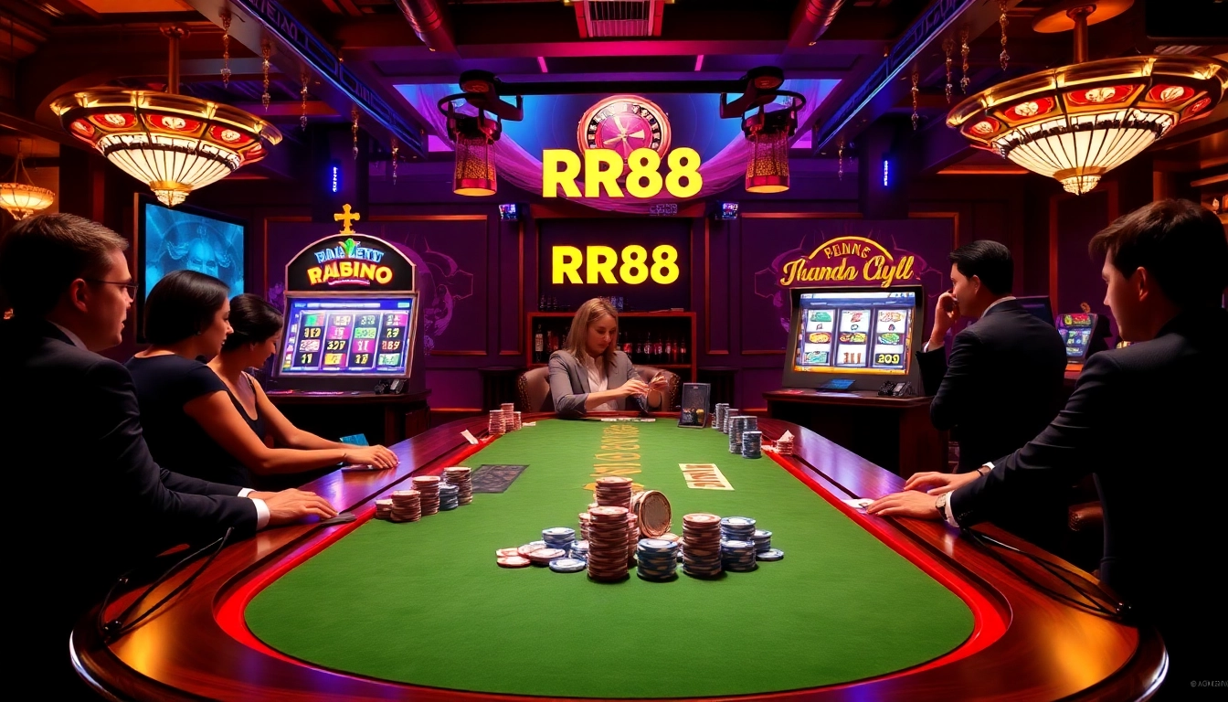 Engaged players enjoying a thrilling game at RR88 casino with vibrant poker chips and slot machines.