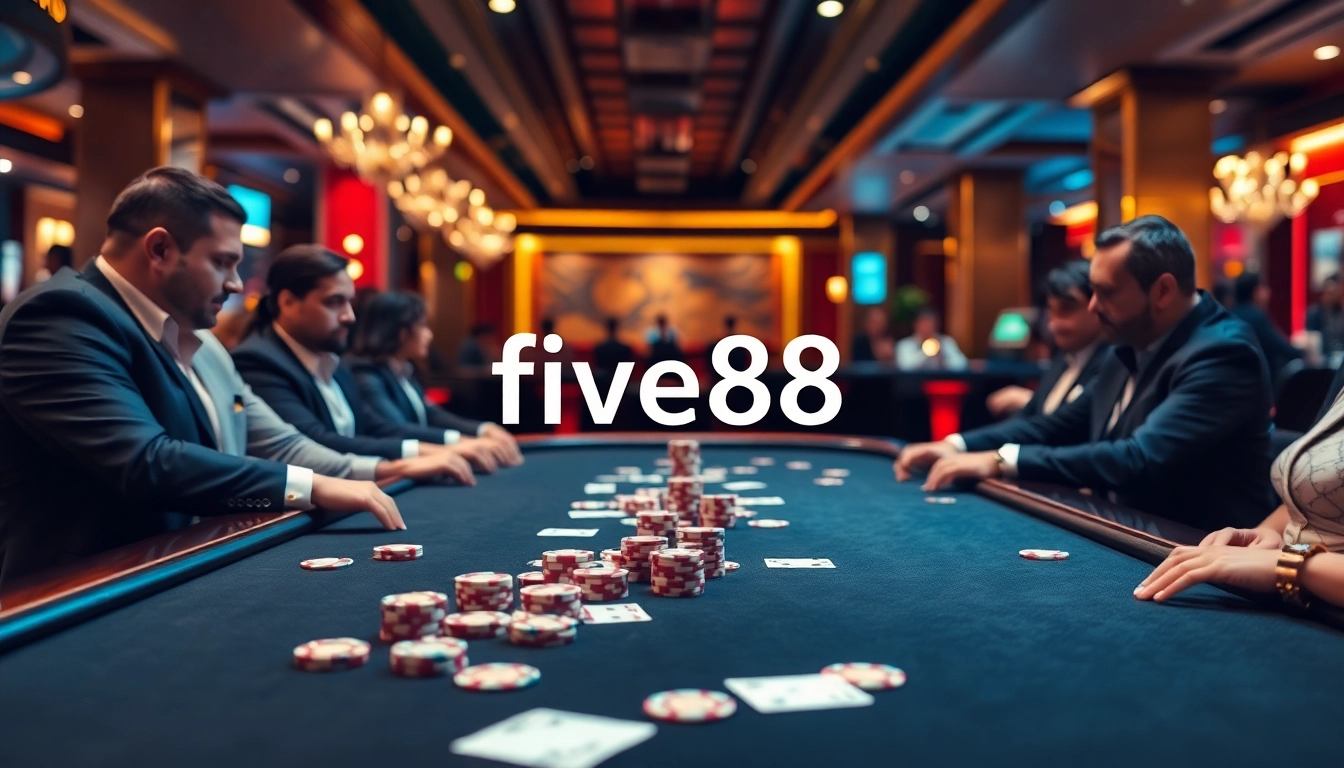 Experience high-stakes poker at five88 with vibrant chips and elegant casino decor.