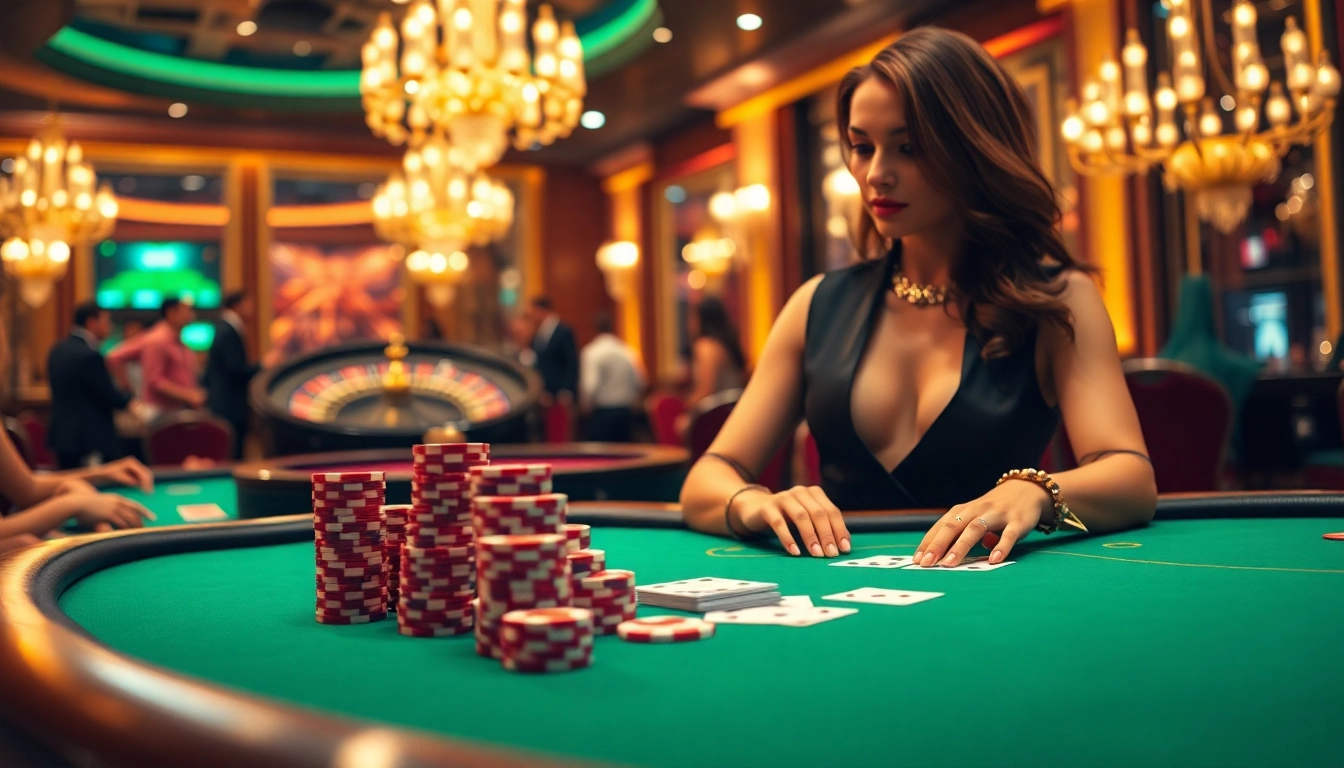 Experience the thrill of five88 com with high-stakes poker action featuring elegant dealer and vibrant casino atmosphere.