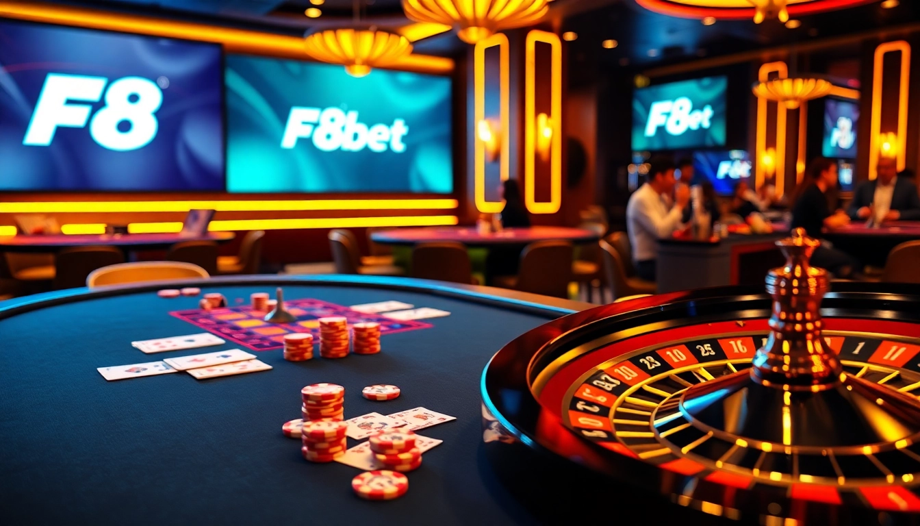F8Bet casino scene with a vibrant gaming table showcasing poker chips and a roulette wheel.