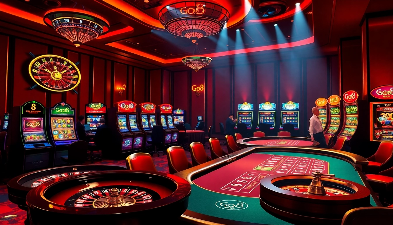 Players enjoying a lively game at a Go8 casino with vibrant slot machines and poker tables.