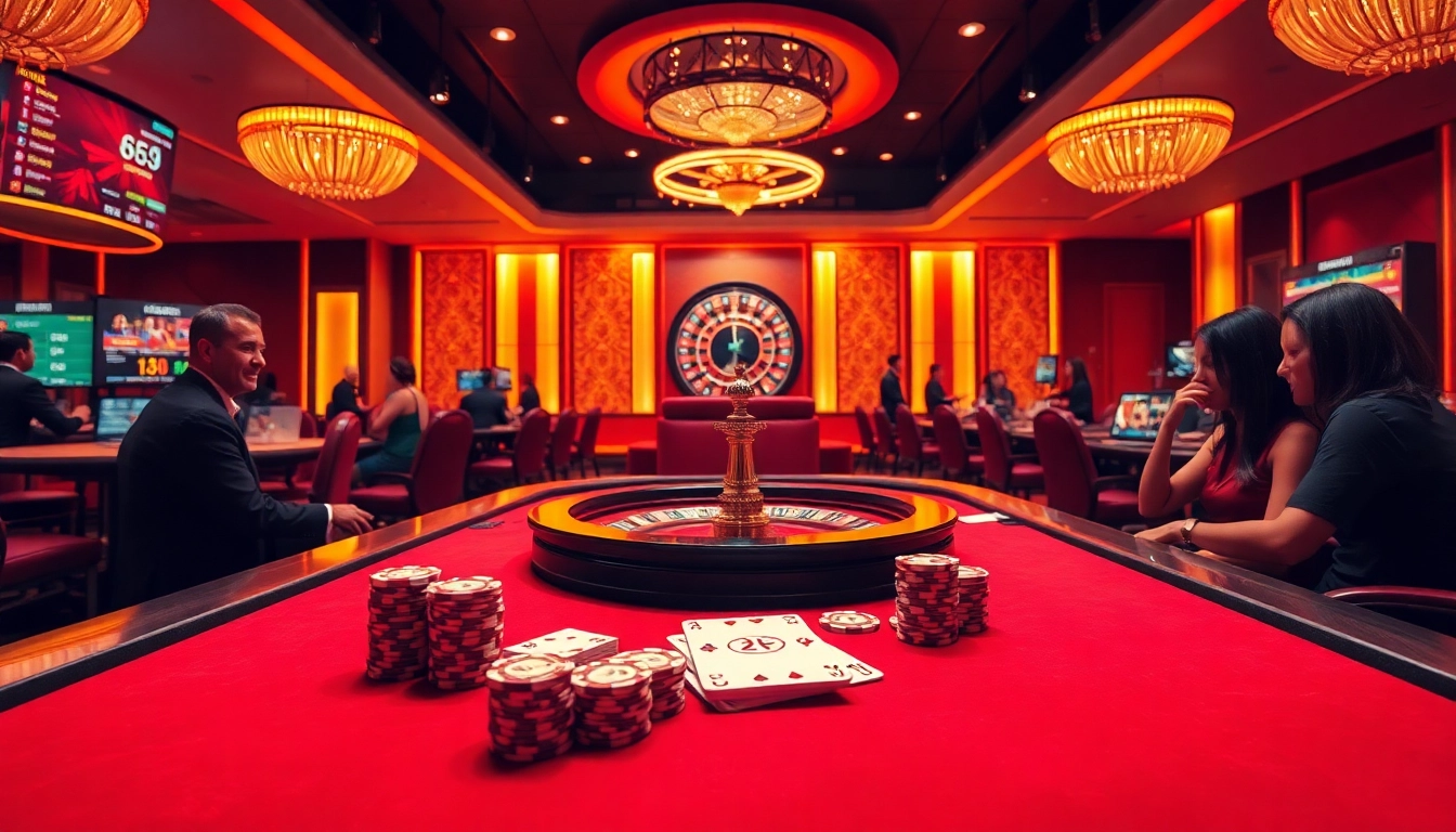 A stunning casino scene at https://kuwin.ng/ showcasing players at a poker table and roulette wheel.