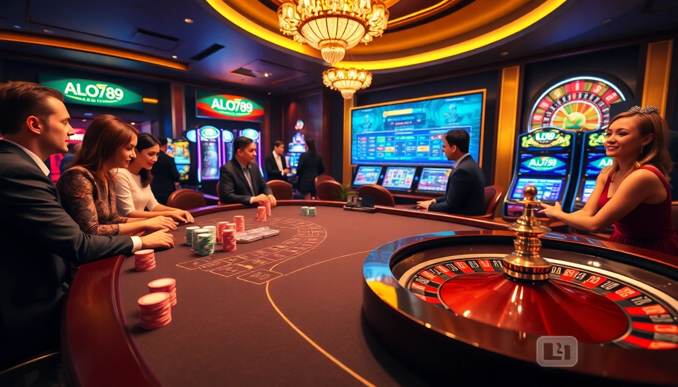 Players strategizing at the ALO789 casino table with vibrant gaming machines