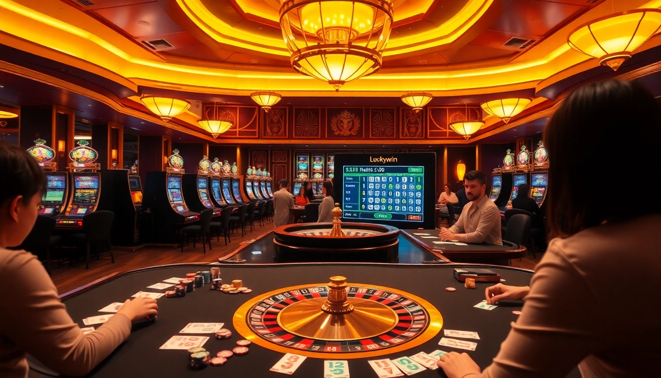 Check out the exciting luckywin lottery result displayed amidst a lively casino scene with vibrant gaming elements.