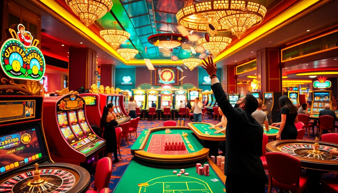 A thrilling casino scene at https://vj88vn.com/ showcases players celebrating a winning moment with vibrant gaming elements.