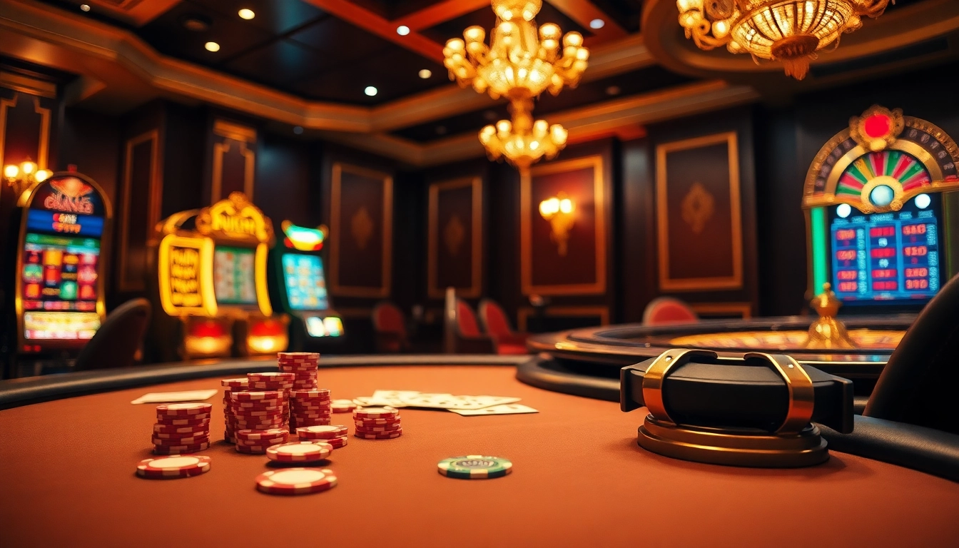 Experience the thrill of gambling with ABC8 at an elegant casino table filled with chips and cards.