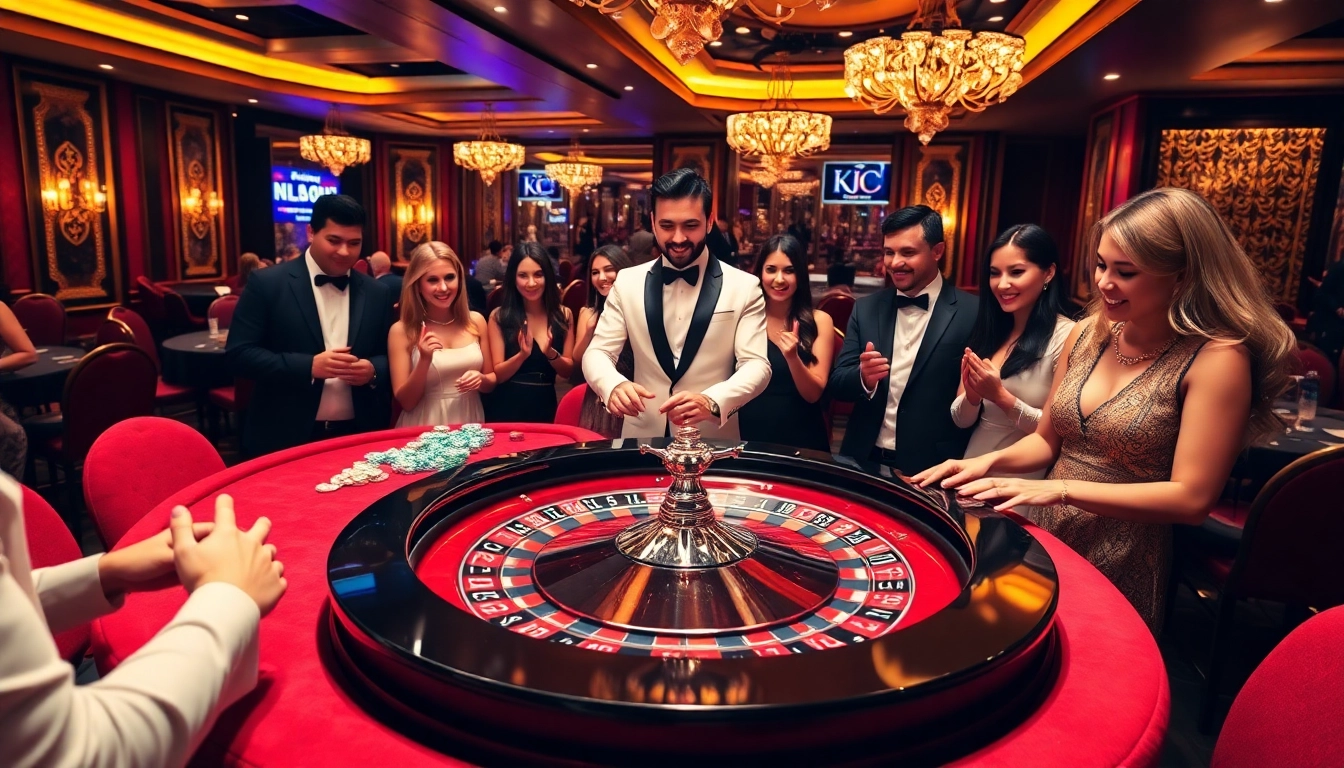 KJC roulette table with players engaged in an exciting game of chance at a luxury casino.
