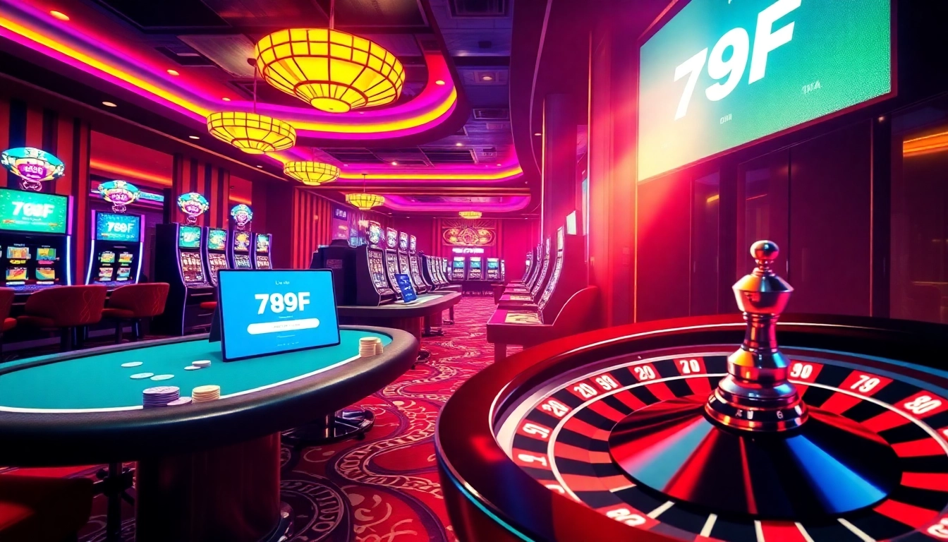 Experience thrilling online gambling with 789F login interface amidst a vibrant casino atmosphere.
