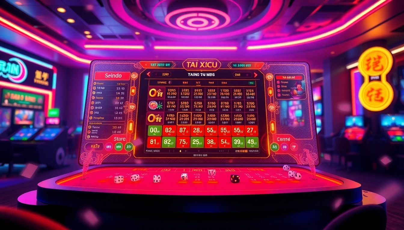 Experience the vibrant world of Tài Xỉu MD5 with exciting visuals of online betting in a digital casino.