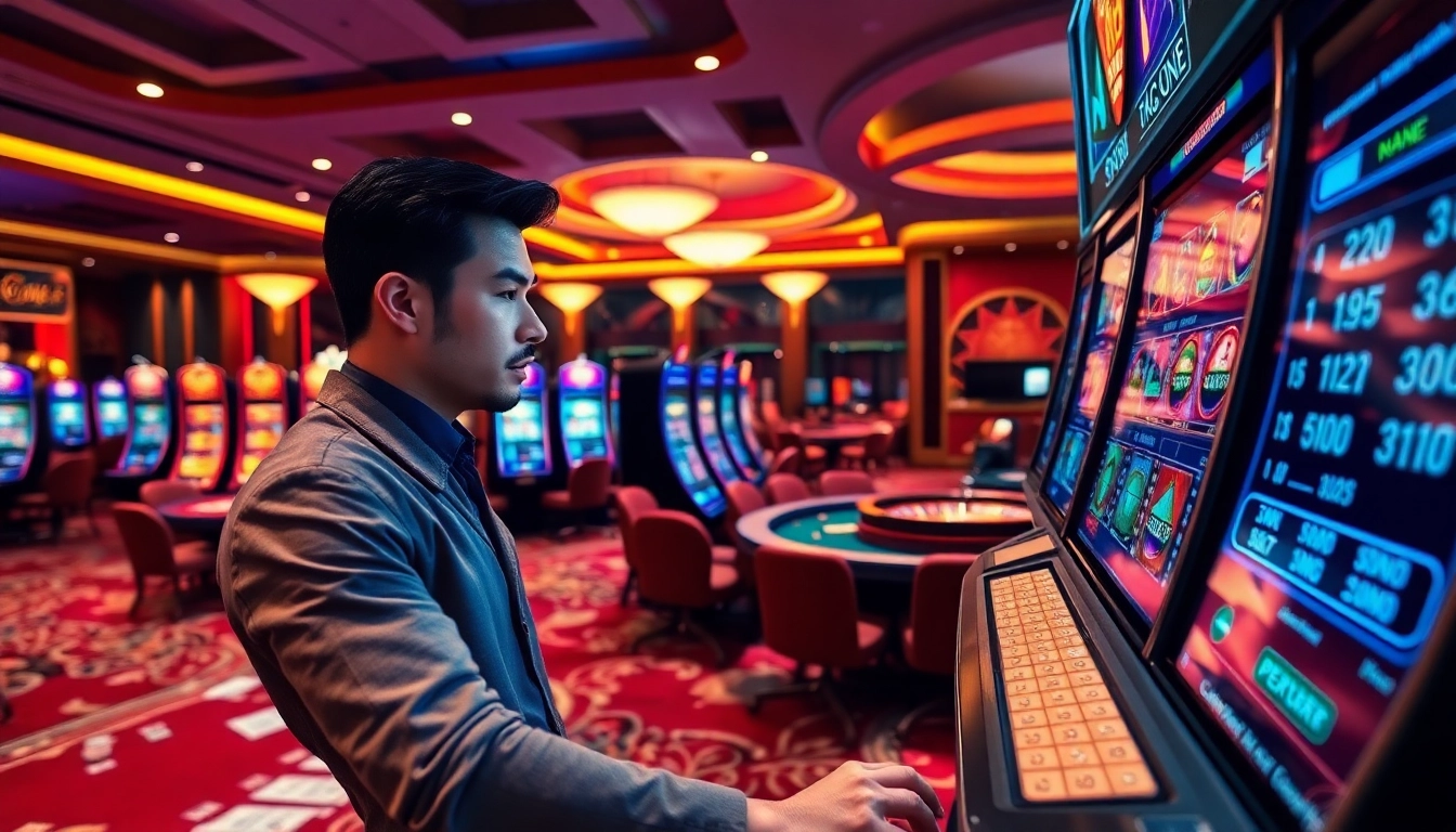 Experience thrilling gaming at https://vj88.com/ with luxurious casino visuals featuring slot machines and poker tables.