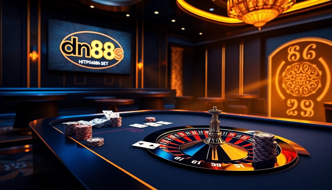 Engage with high-stakes gambling at https://dn88s.net/, featuring luxurious poker chips and a roulette wheel.