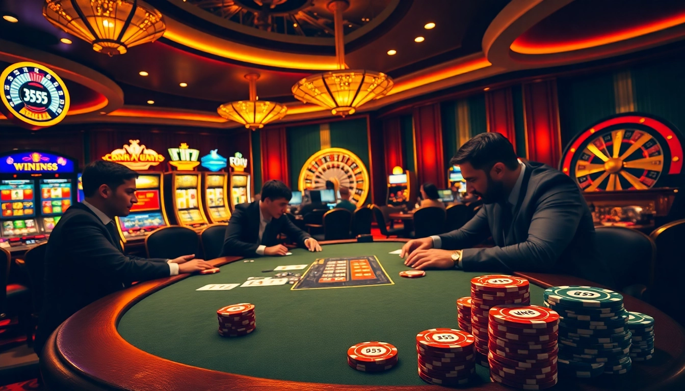 Poker players strategizing at a Win55 table in a vibrant casino atmosphere.