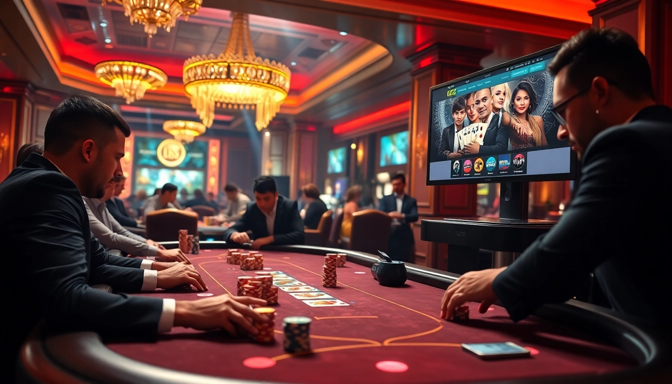 Experience high-stakes poker at LC88's luxurious casino setting, with vibrant colors and skilled players.