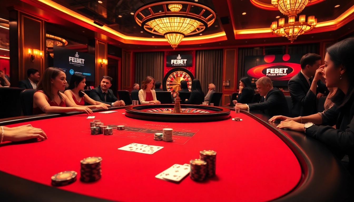 FEBET branding enhances the excitement at a luxury poker table in a lively casino.