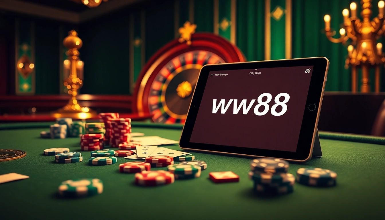 Experience the thrill of ww88 with vibrant poker chips and a glowing roulette wheel.