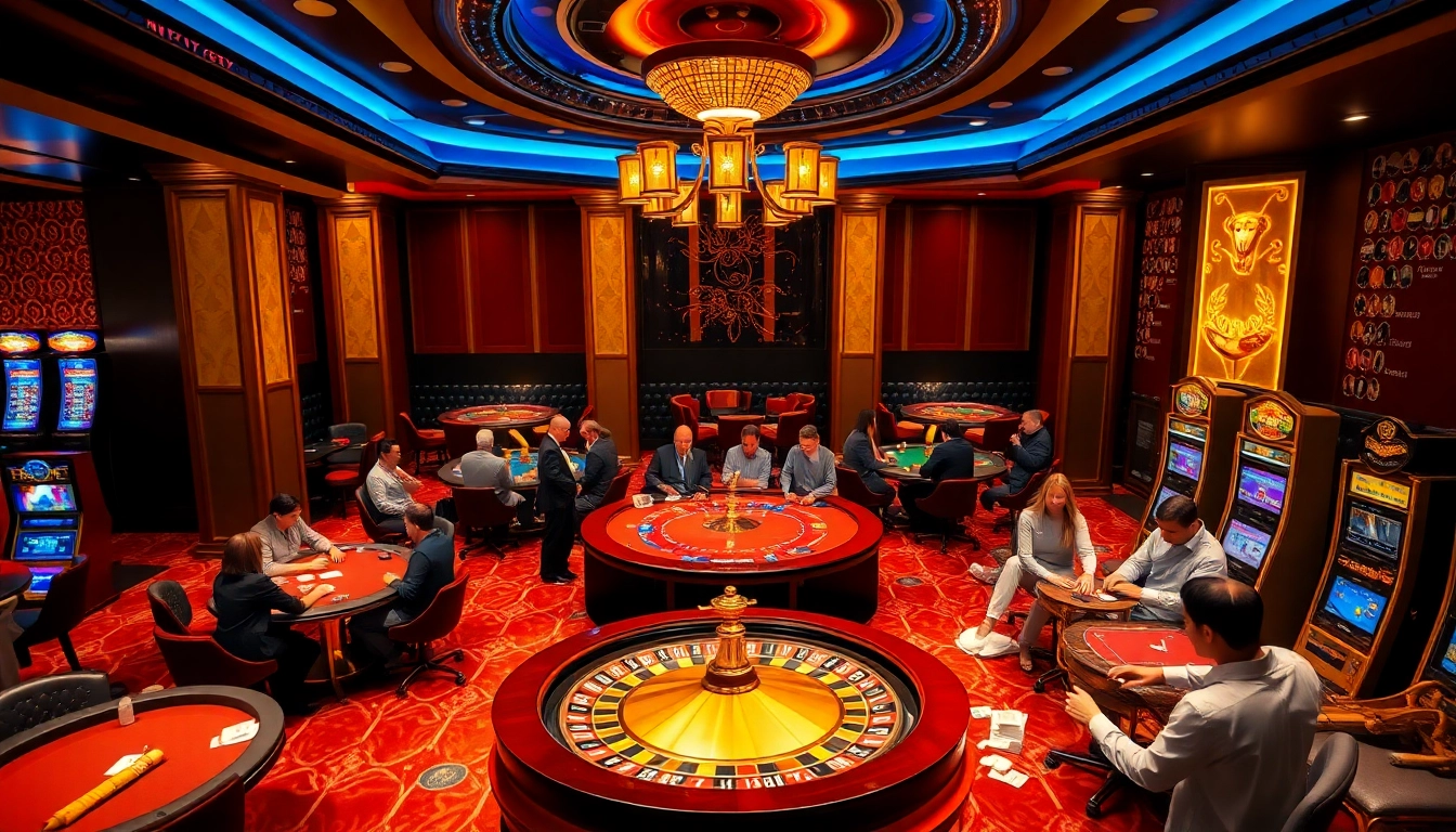 Casino scene showcasing game bài đổi thưởng excitement with players at the poker table.