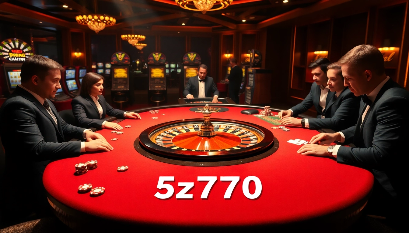 Excited players engage in a luxurious casino experience with 5z777 roulette, vibrant lighting, and poker chips.