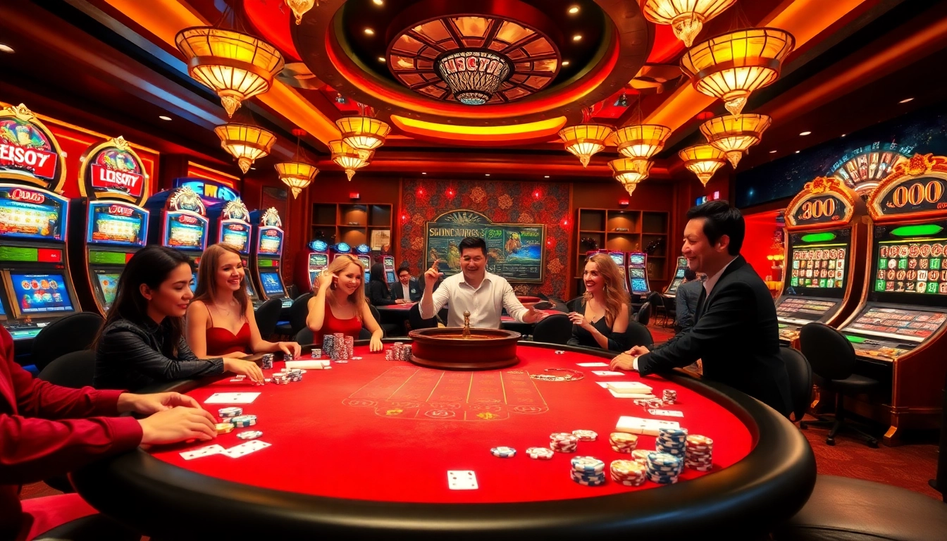Engaging casino scene showcasing players at thabet77org with vibrant tables and dynamic gaming elements.