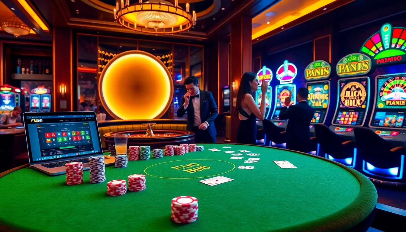 Experience the thrill of Fb88 gaming with poker chips and a roulette wheel in a luxurious casino scene.