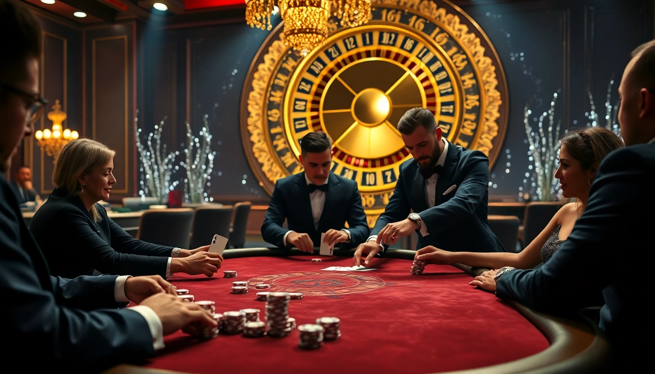 Players engaging in a thrilling poker game at a casino, showcasing excitement and the luxury of CM88.