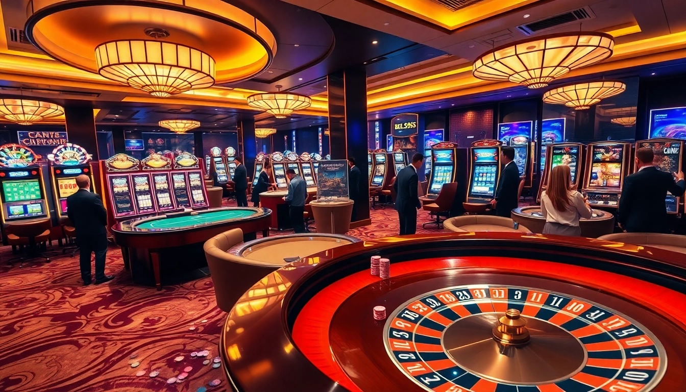 Players enjoying a thrilling casino experience at BL555, with poker tables and slot machines in vibrant colors.