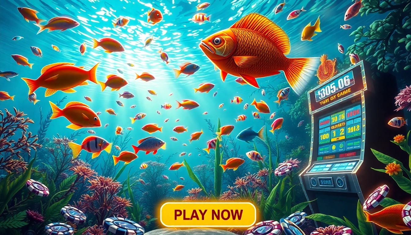 The dynamic bắn cá đổi thưởng gaming experience illustrated with vibrant underwater fish and lively casino elements.
