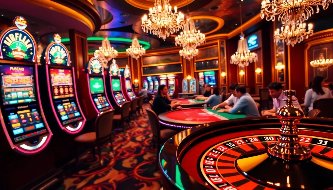 Exciting casino action featuring nhà cái PS99, illuminated slot machines, and intense poker gameplay.
