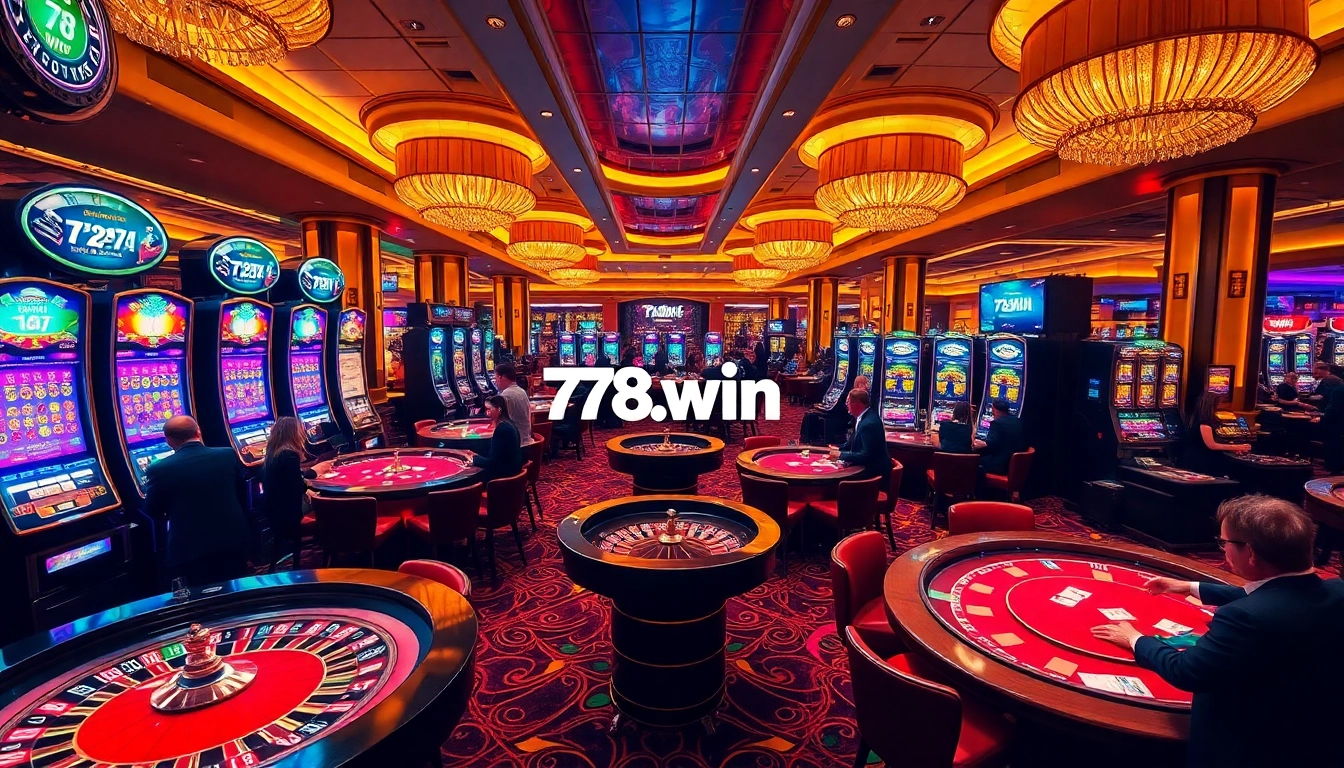 The vibrant casino floor of 78.win showcases players at roulette and poker tables, capturing the thrill of gambling.